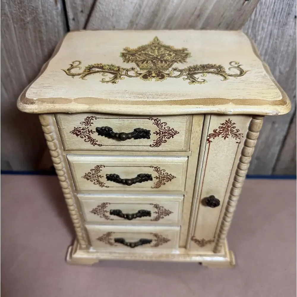Vintage Gold Florentine Musical Jewelry Box Toyo Japan 4 Drawer Side Storage
